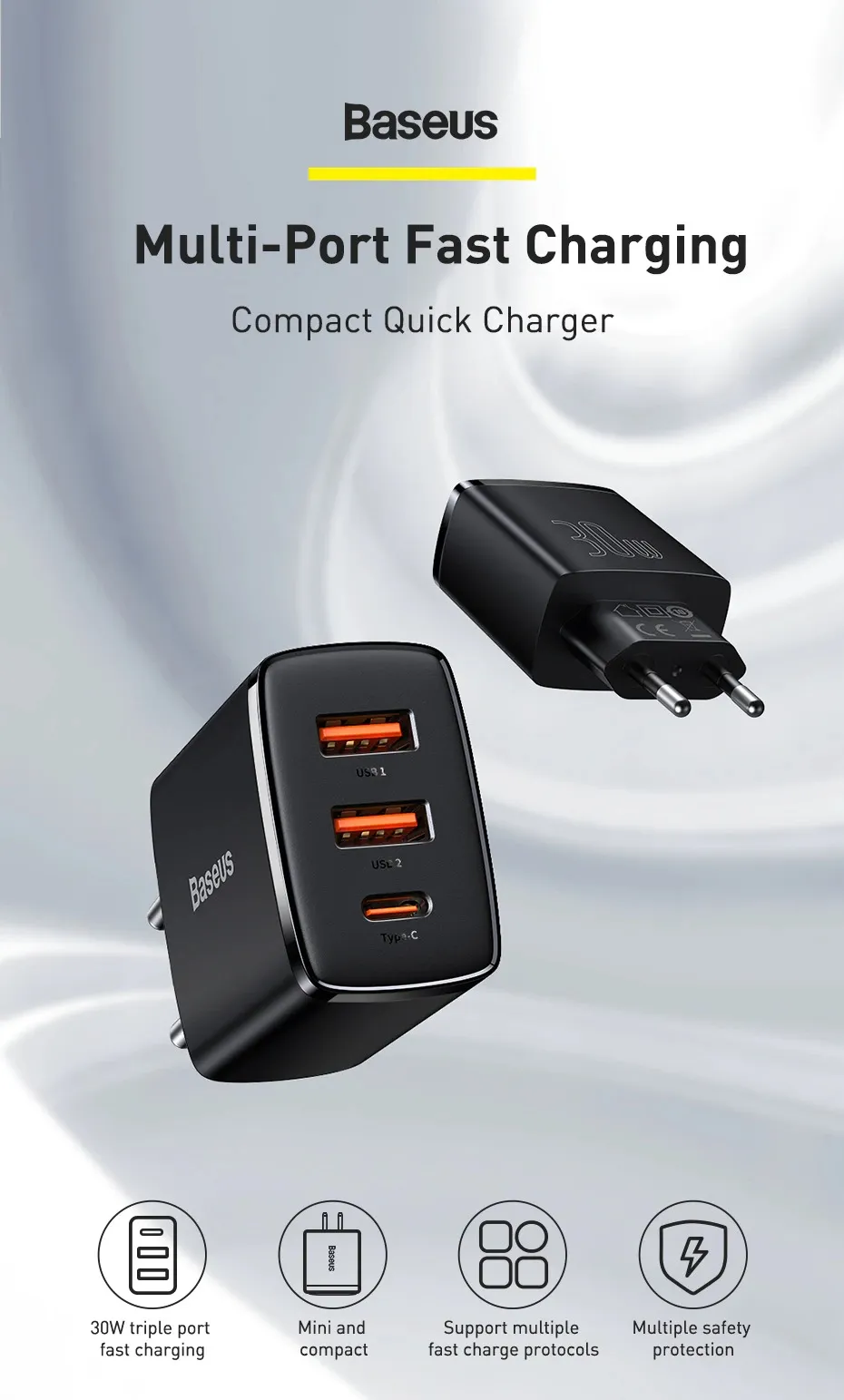 Baseus 30W USB-C Wall Charger, 3-Port PD Quick Charger - Image 4