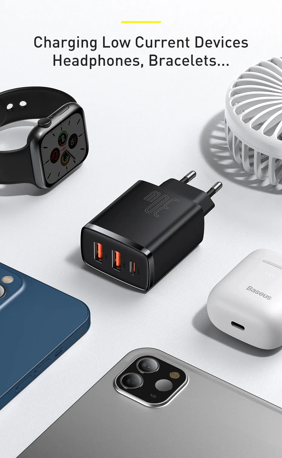 Baseus 30W USB-C Wall Charger, 3-Port PD Quick Charger - Image 5