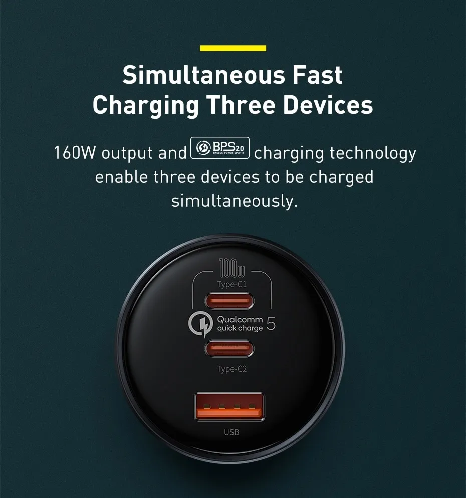 Baseus 160W USB-C Car Charger, Type-C Car Charger, QC5.0 PD3.0 PPS 3 Ports Super Fast Charging - Image 4