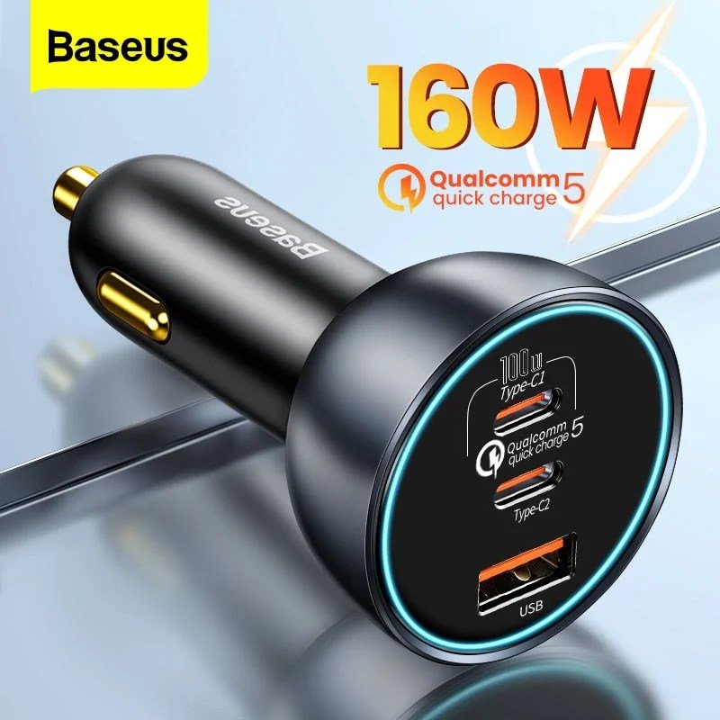 Baseus 160W USB-C Car Charger, Type-C Car Charger, QC5.0 PD3.0 PPS 3 Ports Super Fast Charging