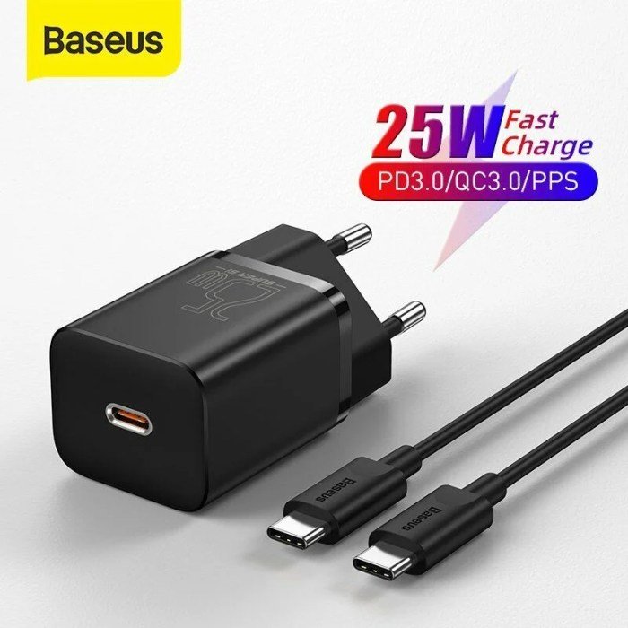 Baseus Super Si Quick Charger 1C 25W EU With Cable Type-C to Type-C 3A 1m Black