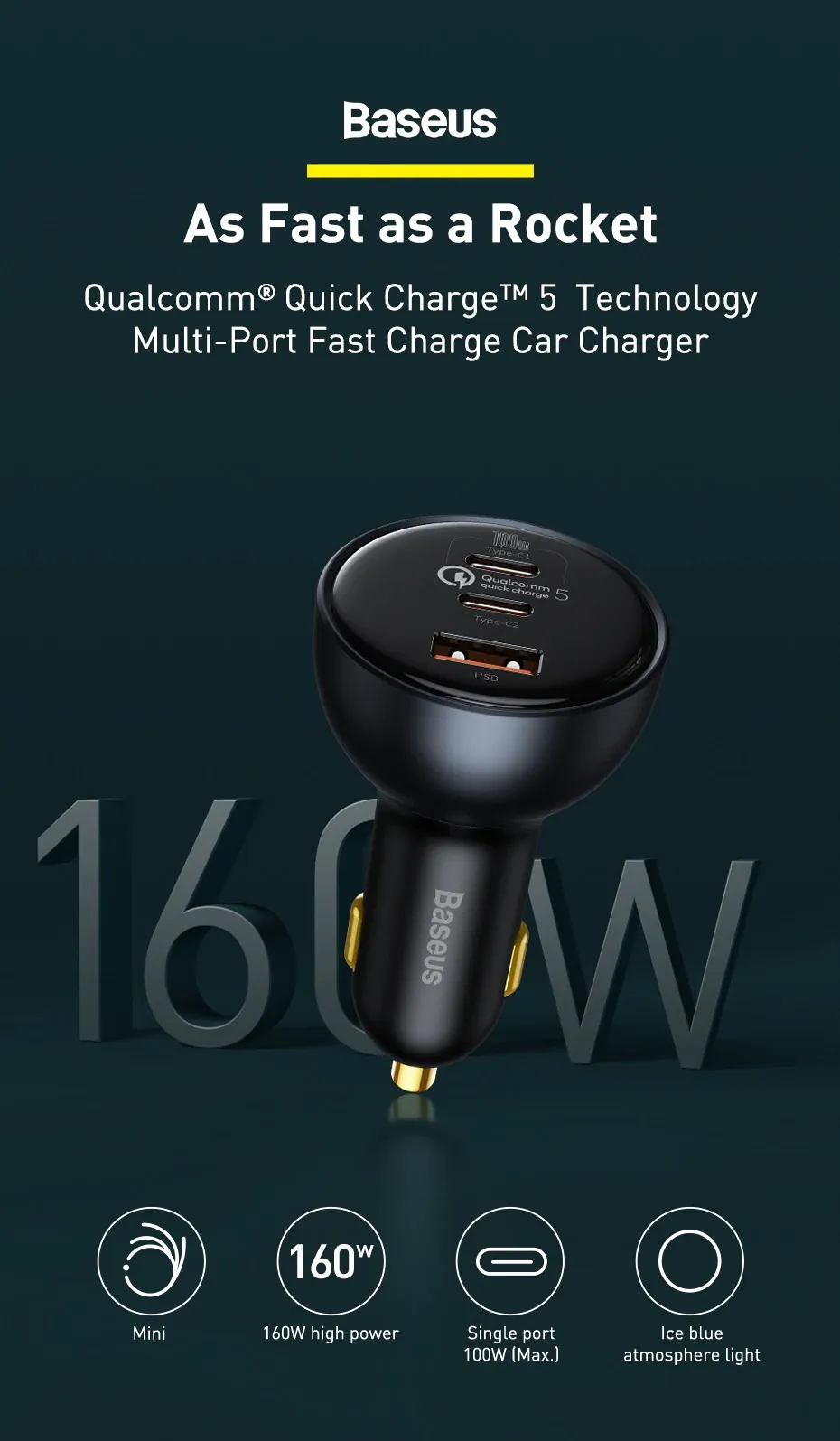 Baseus 160W USB-C Car Charger, Type-C Car Charger, QC5.0 PD3.0 PPS 3 Ports Super Fast Charging - Image 10