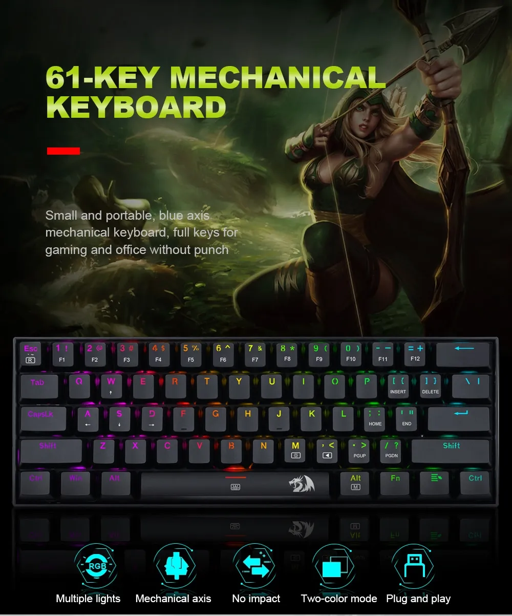 Redragon K630 Dragonborn 60% Wired RGB Gaming Keyboard, 61 Keys Compact Mechanical Keyboard - Image 8