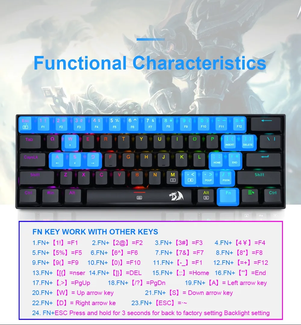 Redragon K630 Dragonborn 60% Wired RGB Gaming Keyboard, 61 Keys Compact Mechanical Keyboard - Image 15