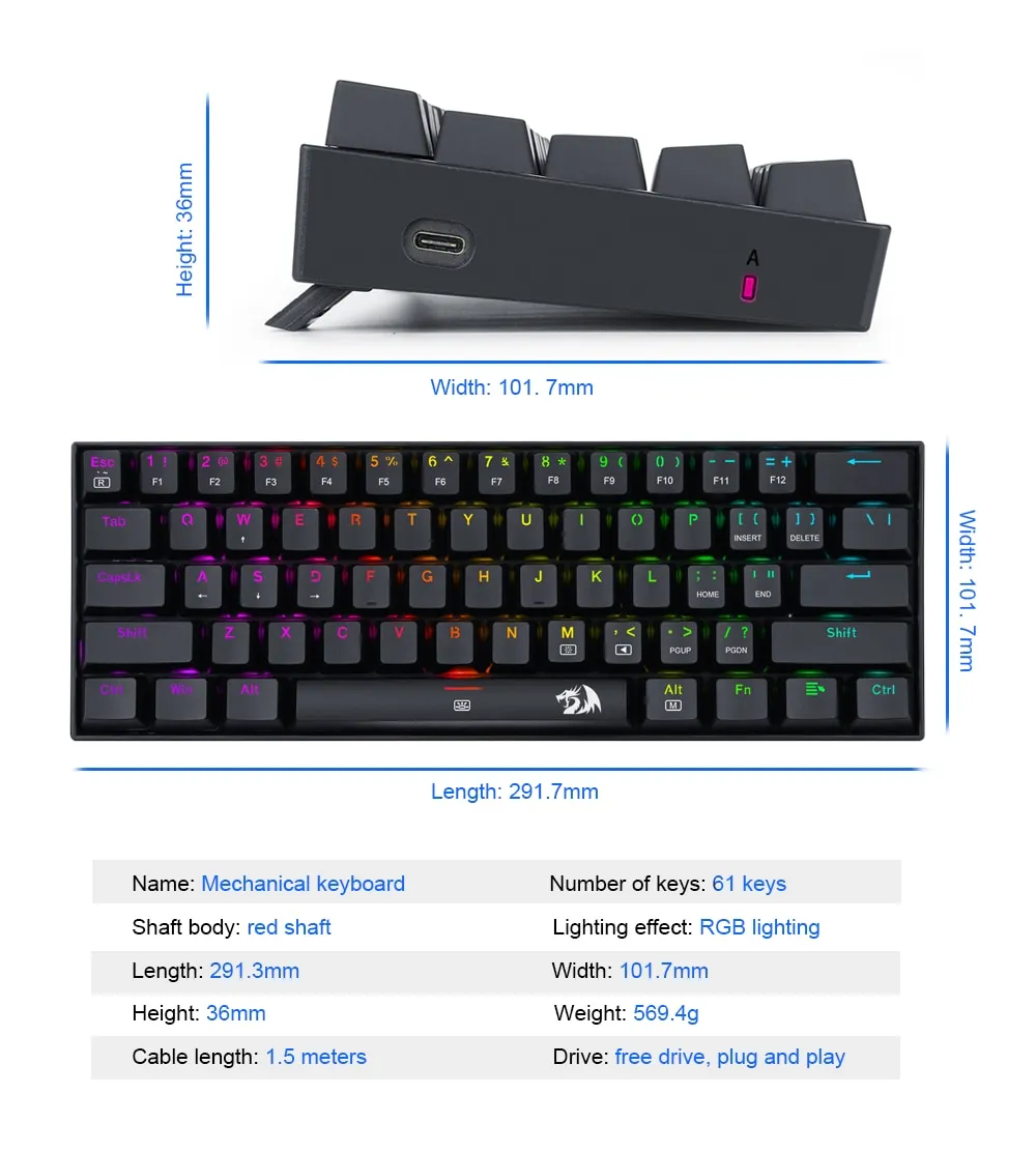 Redragon K630 Dragonborn 60% Wired RGB Gaming Keyboard, 61 Keys Compact Mechanical Keyboard - Image 12