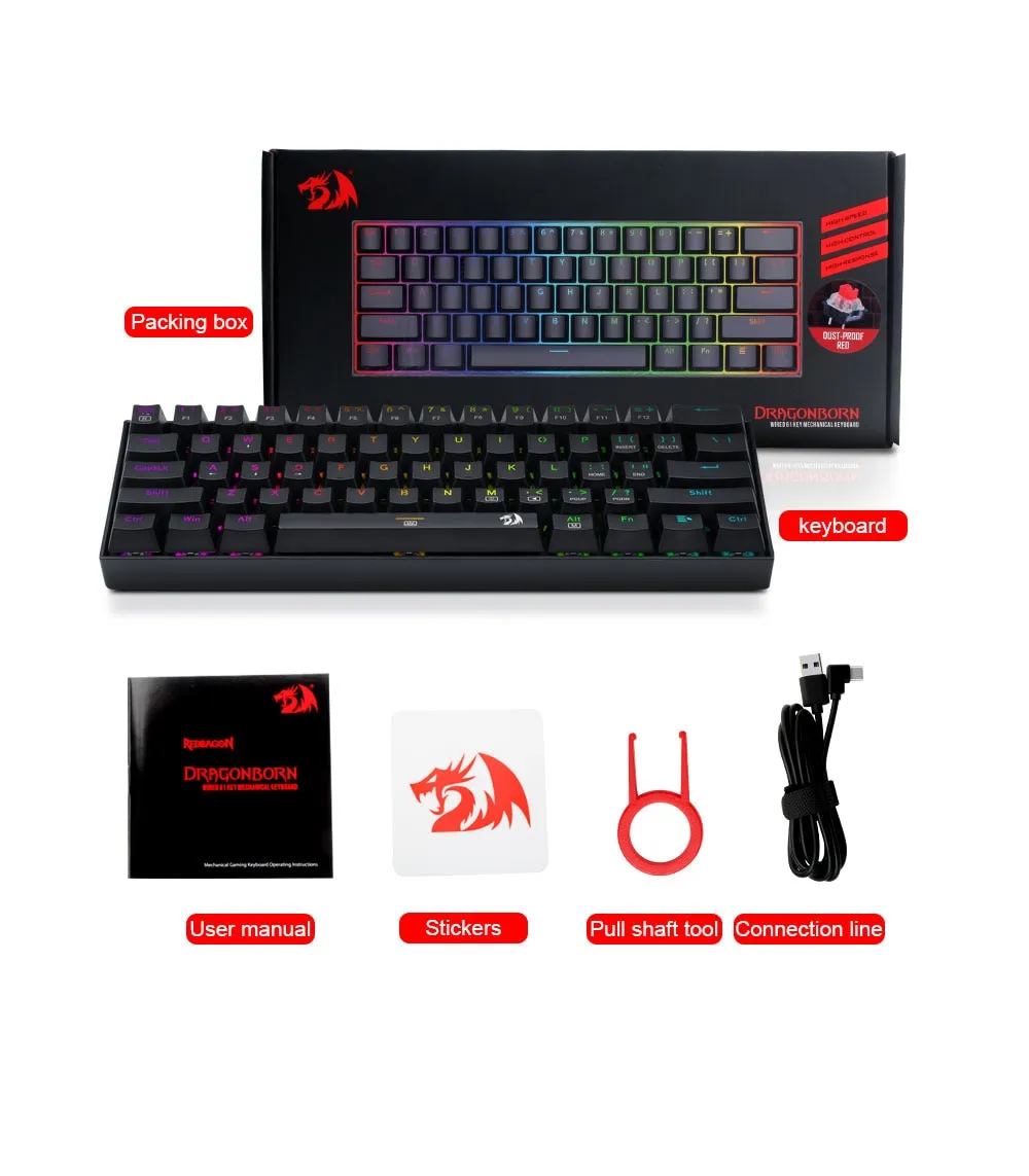 Redragon K630 Dragonborn 60% Wired RGB Gaming Keyboard, 61 Keys Compact Mechanical Keyboard