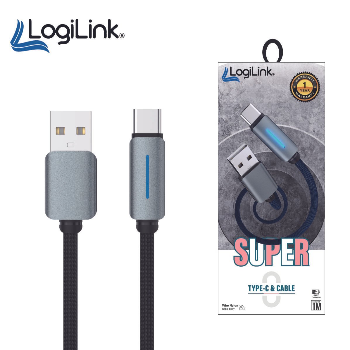 Logilink Usb To Type C Nylon Fast Charging Data Cable With Light 1m (1 Year Warranty) Black - Image 2