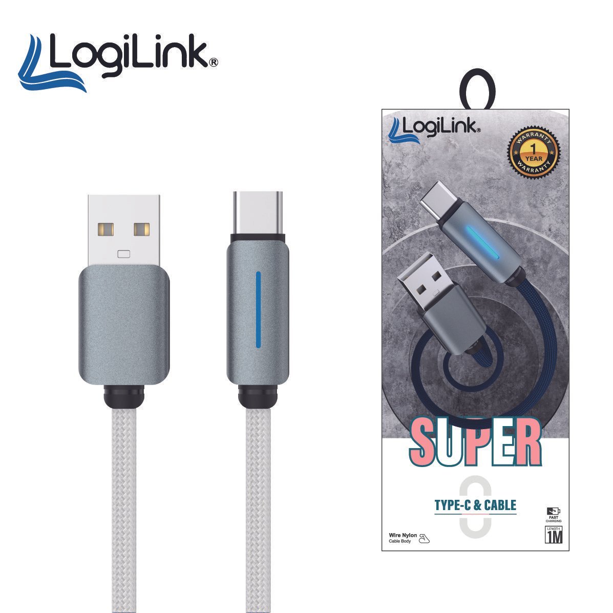 Logilink Usb To Type C Nylon Fast Charging Data Cable With Light 1m (1 Year Warranty) Black - Image 3