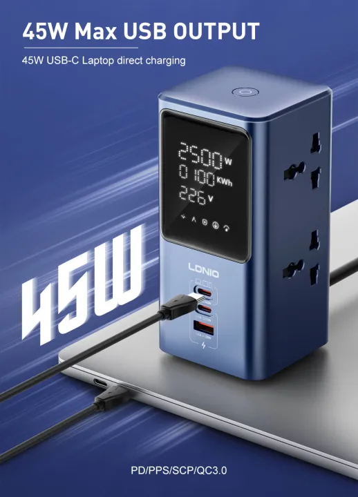 LDNIO SC2 45W Universal Power strip with LED Display desktop LED Tower Power Extension